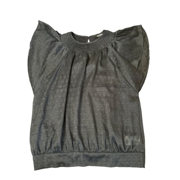 Express top blouse black/gold ruffle sleeve ruched bottom keyhole back SZ SM - Picture 7 of 10